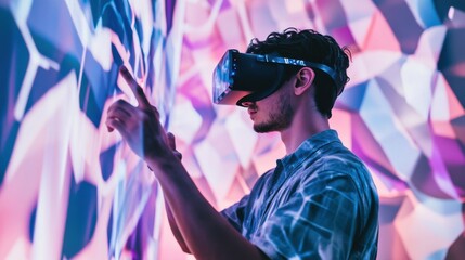 An artist creating digital sculptures and immersive art installations using projection mapping and interactive LED displays in an avant-garde art gallery, Modern lifestyle scene