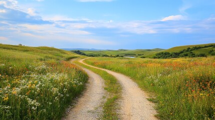 Fototapeta premium A peaceful countryside trail for horseback riding, crossing gentle hills and fields of wildflowers, with a slow-moving river visible in the distance under a bright blue sky.