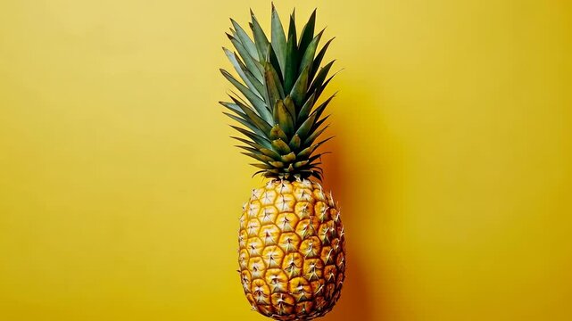 A ripe pineapple sits against a yellow background