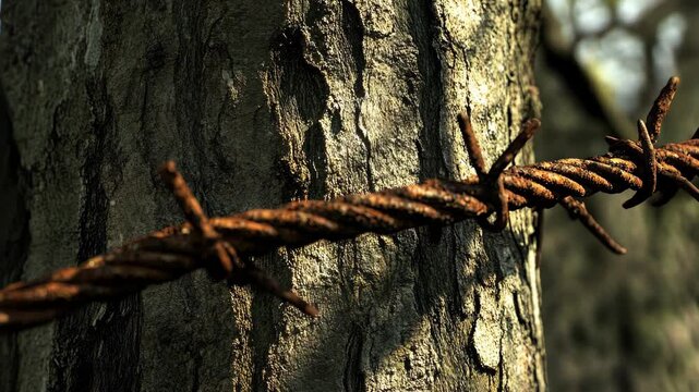 Rusty barbed wire wraps around a tree trunk in a forest setting