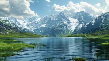 Fototapeta premium Mountain landscape with lake and snowcapped peaks in the background