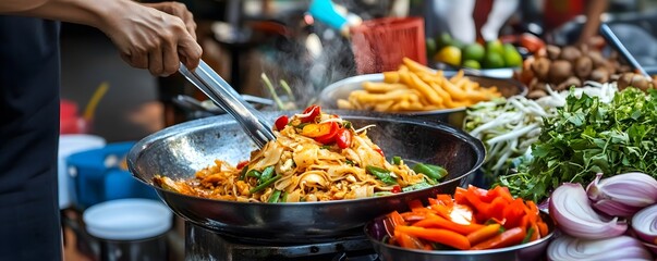 Obraz premium A vibrant street food scene featuring a chef preparing a colorful stir-fried dish with fresh vegetables in a bustling market.