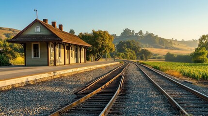 Fototapeta premium A quaint countryside train station set against a backdrop of rolling hills and farmland, with its classic wooden platform and an old-fashioned ticket booth still standing.