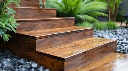 A close-up view of wooden steps leading through a lush garden, surrounded by pebbles.