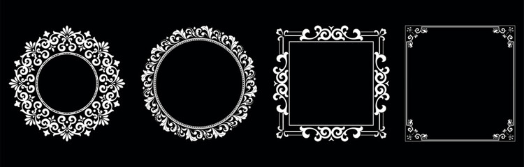 Set of decorative frames Elegant vector element for design in Eastern style, place for text. Floral black and white borders. Lace illustration for invitations and greeting cards.