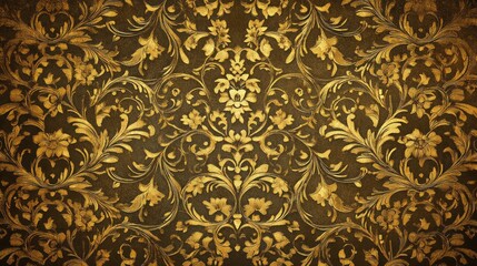 A rich, vintage wallpaper featuring an intricate gold floral pattern, with detailed swirls and baroque-style motifs shining softly under antique lighting.