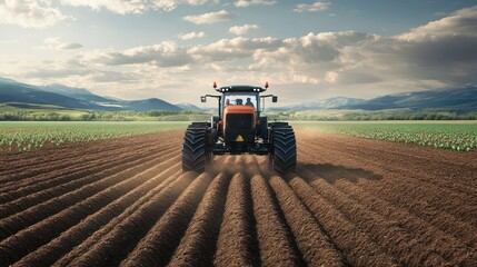 Fototapeta premium A robotic tractor autonomously plowing and planting in a large field, guided by satellite and sensor technology to ensure precise and efficient farming operations