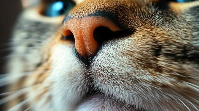 A close-up of a cat's nose, showing the intricate details of its fur and whiskers