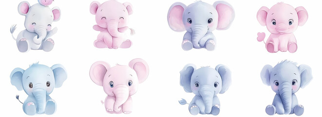 Cute Images - Cute cartoon elephants in various colors, showcasing playful expressions.