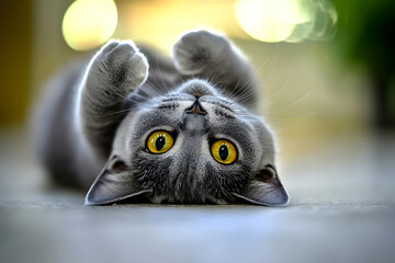 Fototapeta premium Cute Images - A playful gray cat lying on its back, showcasing its vibrant yellow eyes.