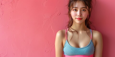Obraz premium Portrait of Young Woman with Long Brown Hair Against a Pink Wall