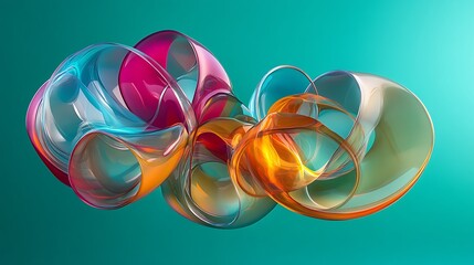 A dynamic abstract object with curved, overlapping transparent shapes in vibrant colors on a teal background