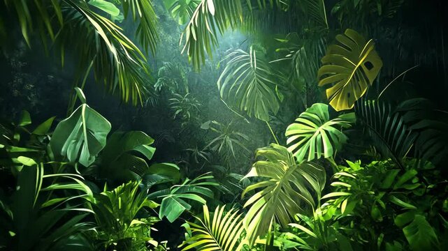 Sunlight peeks through the leaves of a lush tropical rainforest