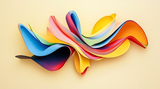 A dynamic, flowing abstract object with colorful, overlapping shapes on a light yellow background