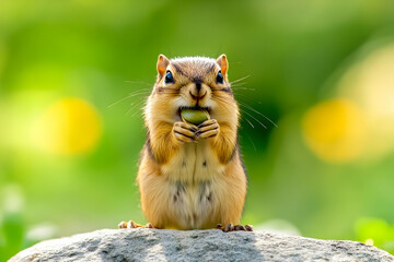 Cute Images - A close-up of a chipmunk holding food, set against a blurred green background.