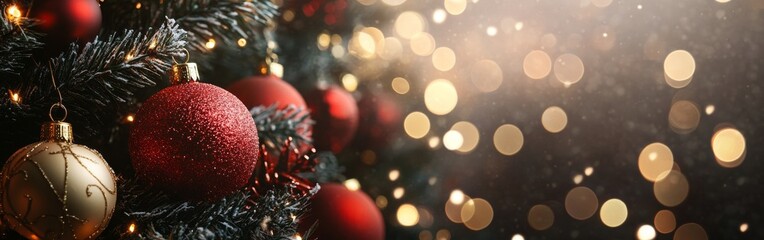 Obraz premium Festive Christmas tree decorated with red and gold ornaments against a shimmering bokeh background.