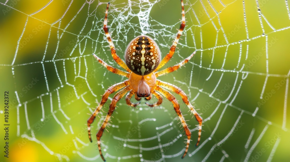 Aufkleber spider in web with dew drops glimmering in sunlight