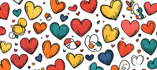 Cute Images - A colorful pattern of various hearts and small designs on a white background.