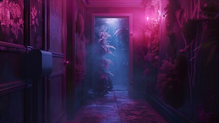 Neon Glow in a Hallway: A Dreamlike Passage