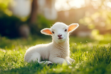 Obraz premium Cute Images - A cute lamb lounging in a sunlit grassy field, showcasing innocence and nature's beauty.