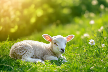 Obraz premium Cute Images - A cute lamb resting on green grass under soft sunlight.