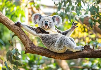 Fototapeta premium Cute Images - A koala lounging on a tree branch among green leaves, showcasing its relaxed demeanor.
