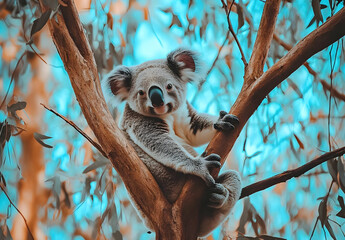 Cute Images - A koala resting on a tree branch in a vibrant, colorful environment.