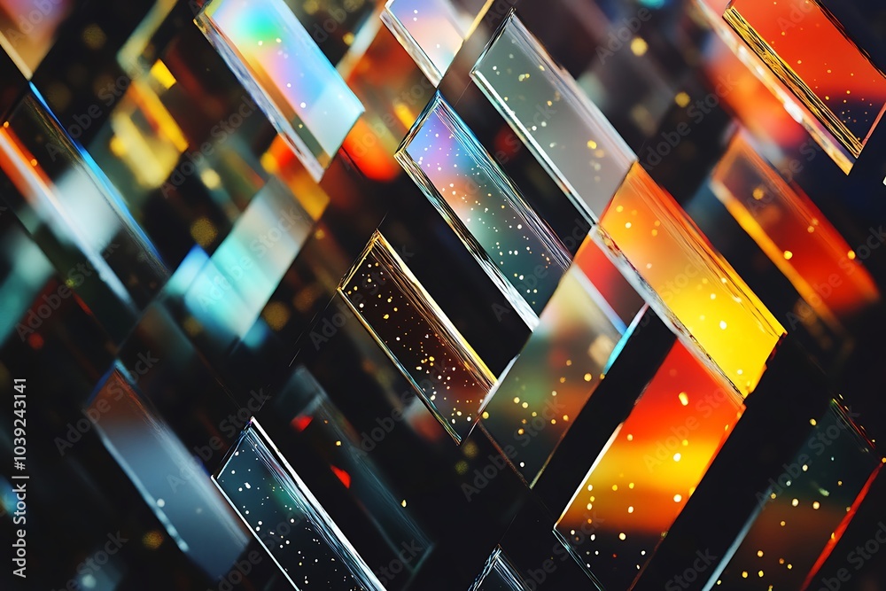 Poster Abstract pattern of iridescent glass rectangles with a sparkle effect.