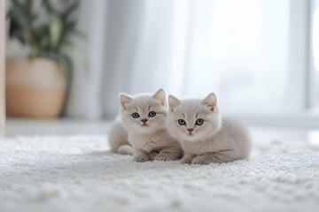 Obraz na płótnie Canvas Cute Images - Two fluffy kittens with blue eyes resting on a soft carpet in a bright room.