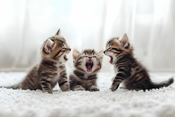 Cute Images - Three playful kittens yawning and interacting on a soft surface.