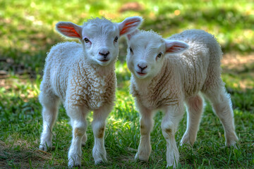 Cute Images - Two adorable lambs standing on green grass, showcasing their fluffy wool and playful demeanor.