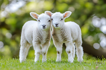 Obraz premium Cute Images - Two adorable lambs standing together on green grass with a blurred background.