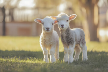 Fototapeta premium Cute Images - Two adorable lambs standing together in a grassy field, enjoying the sunlight.