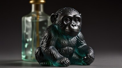 A small, black glass figurine of a baby gorilla sits on a gray background, with a glass bottle behind it.