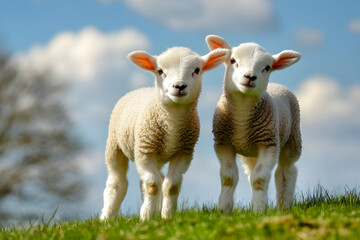 Obraz premium Cute Images - Two adorable lambs standing on green grass under a bright blue sky with fluffy clouds.