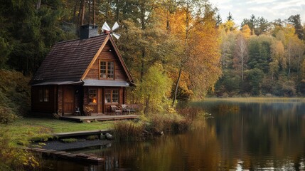Fototapeta premium A serene off-the-grid cottage by a remote countryside lake, with a small windmill and a wood-burning stove, the ultimate escape from modern life, surrounded by untouched nature.