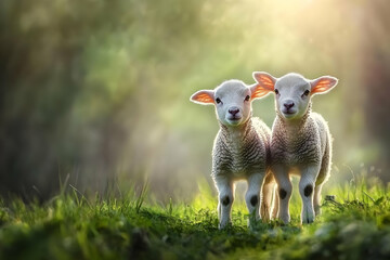 Obraz premium Cute Images - Two adorable lambs standing in a sunlit grassy field.