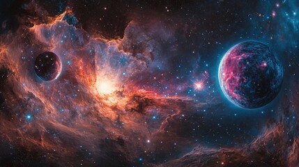 A 360-degree equirectangular projection of deep space featuring vibrant nebulae and clusters of distant stars, designed as an HDRI spherical panorama for creating immersive space environments.