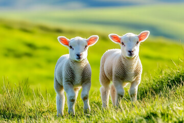 Cute Images - Two playful lambs standing in a lush green field under a bright sky.