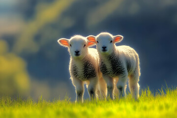 Cute Images - Two adorable lambs stand together in a lush green field, basking in soft sunlight.