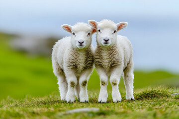 Cute Images - Two adorable lambs standing together on a grassy field with a soft background.