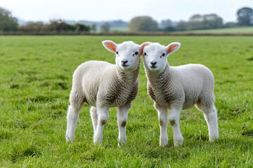 Cute Images - Two cute lambs standing in a green field, showcasing rural life and nature.