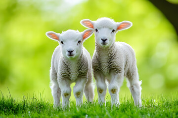 Cute Images - Two adorable lambs standing on green grass with a blurred nature background.