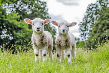 Cute Images - Two adorable lambs standing in a lush green field under a cloudy sky.