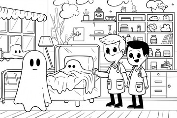 Two young male cartoon doctors, one Caucasian and one Hispanic, comfort a ghost in a hospital room filled with colorful decor.