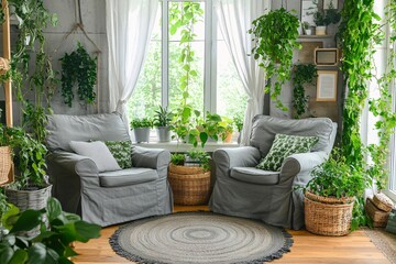 Fototapeta premium Cozy Living Room with Lush Greenery and Natural Light