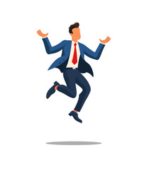 businessman in a suit, jumping in the air with a joyful expression, representing success, celebration, and achievement