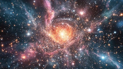 Fototapeta premium A captivating cosmic image showcasing a vibrant nebula surrounded by glittering galaxies, rendered in an abstract style that highlights the beauty and mystery of the universe.