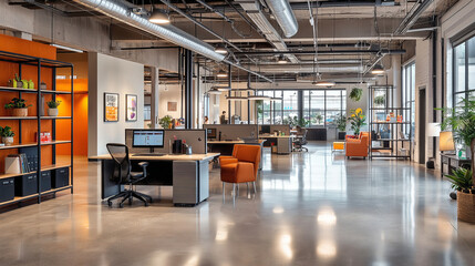 Modern loft-style open office with industrial design and spacious layout
