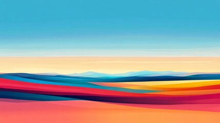 Obraz premium Abstract landscape with colorful wavy lines and blue sky.